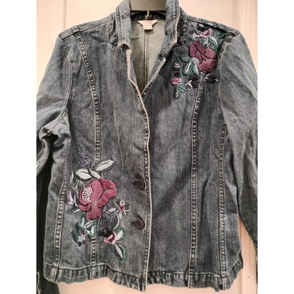 Christopher & Banks Jean Jacket Floral Embroidered SZ Lrg Bloomcore Boho Cotton - Picture 4 of 11